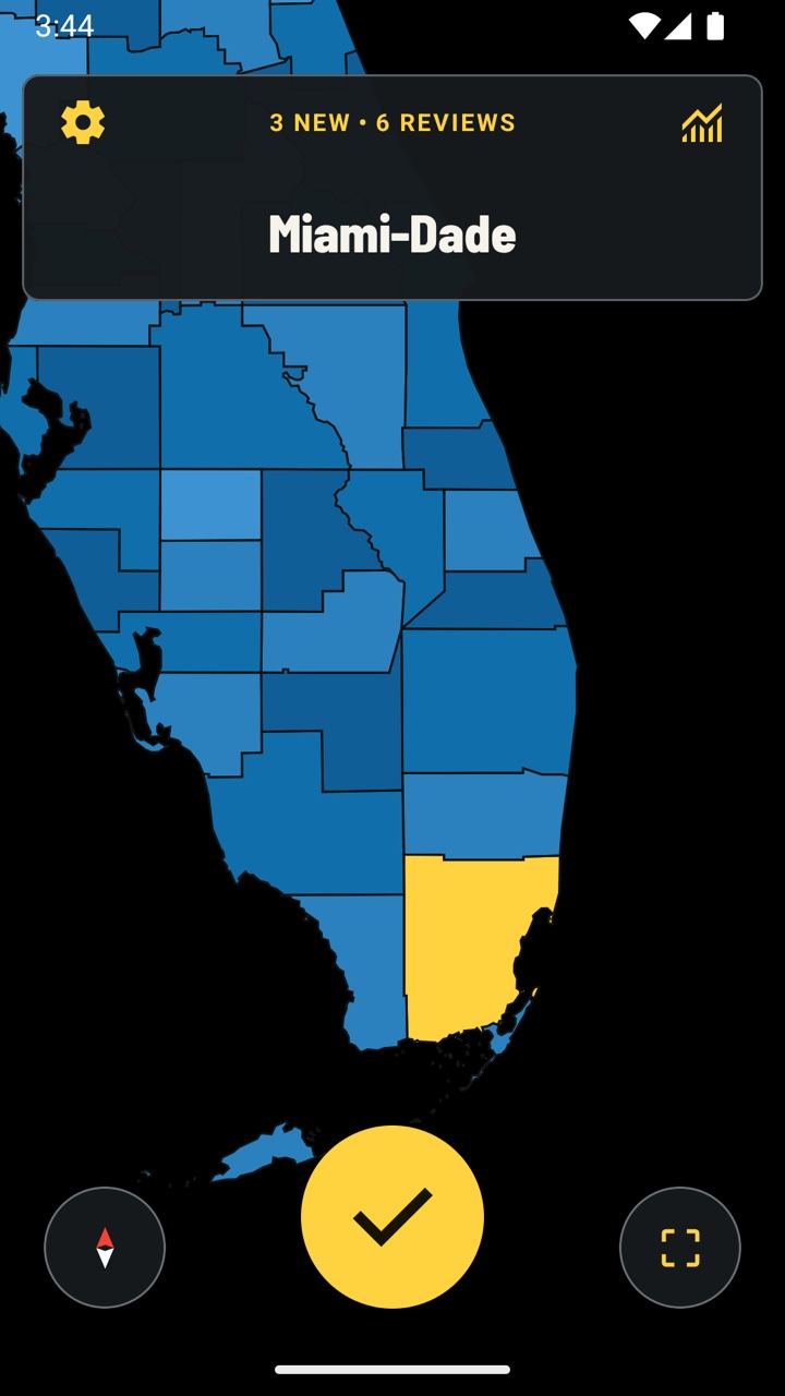 Miami-Dade selected in yellow on a map of Florida, with a confirm button