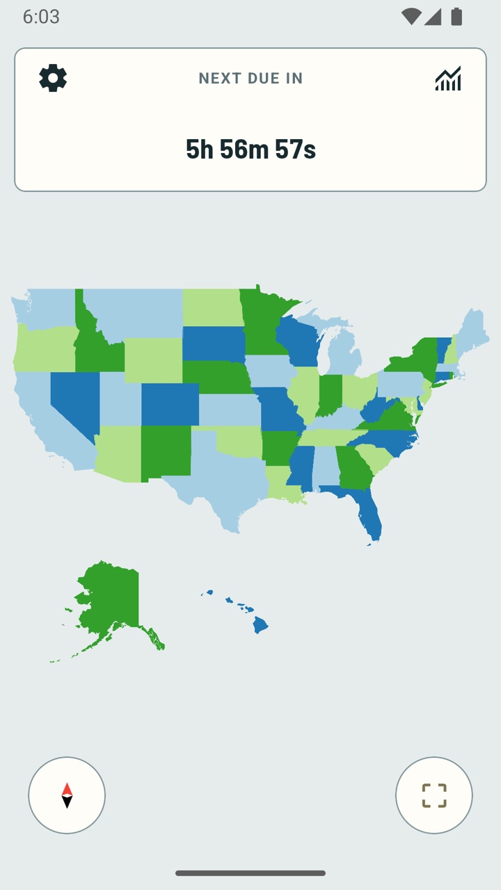 Countdown to the next review above a map of the states