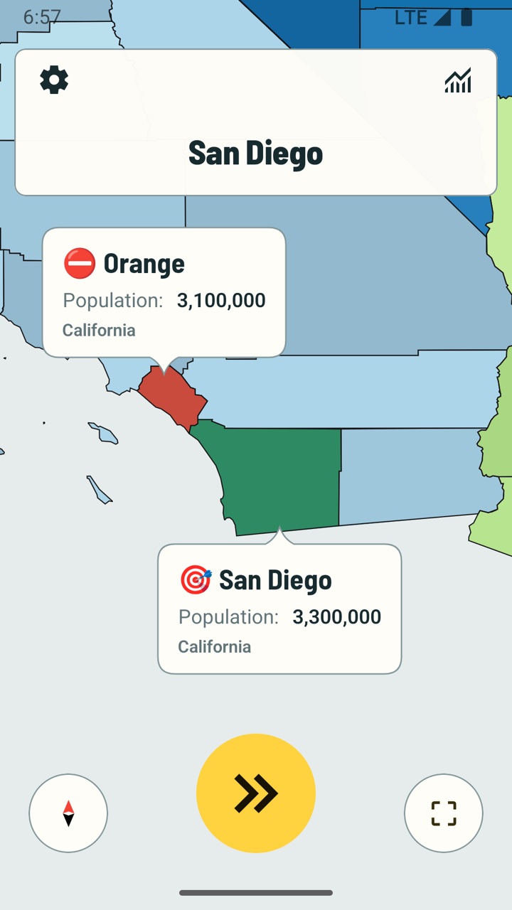 Wrong answer: Orange County marked red, San Diego County marked green, each with population and state